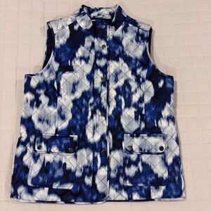NWT Jones New York Quilted Puffer Vest Lightweight Blue White Print Large